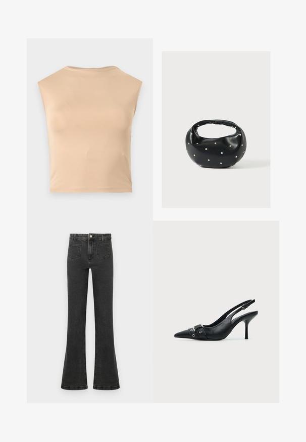 Haut court beige sans manches avec un col rond haut, un tissu lisse et un ourlet droit, présenté sur un fond blanc uni.; Jean en denim noir taille haute avec une légère évasement, bouton et fermeture éclair à l'avant, et poches plaquées à l'avant.; Escarpin slingback à talon haut en cuir noir avec bout pointu, boucle et détail de bride œillet à l'avant.; Sac à main en cuir noir de forme arrondie, décoré de clous argentés et équipé d'une poignée courte. Texture lisse et fermeture éclair.