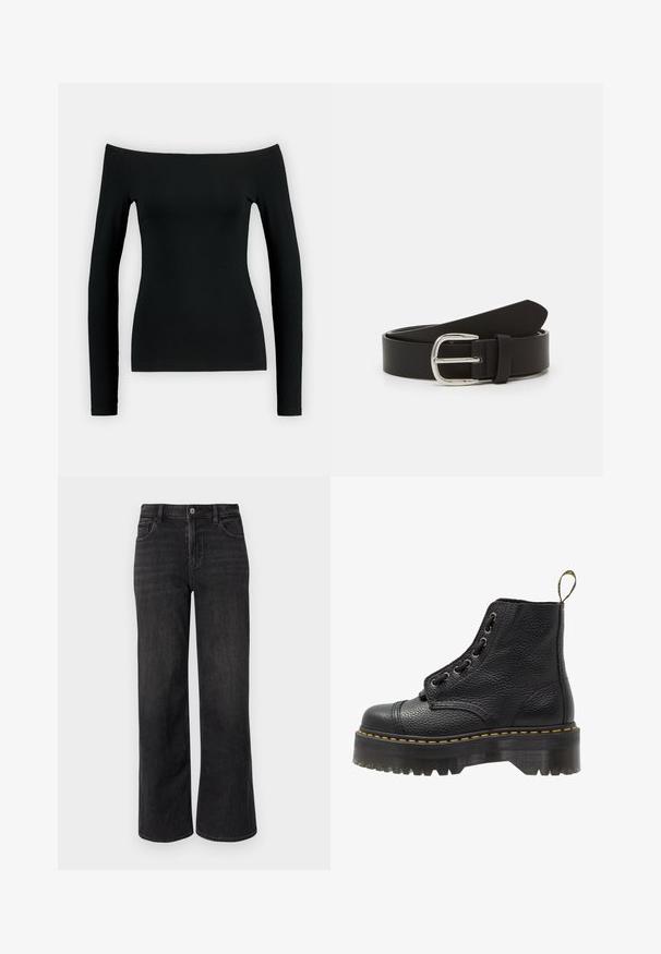 Haut noir à manches longues avec un design dénudé d'une épaule. Fabriqué en tissu lisse, il présente une coupe ajustée et une construction sans couture.; Jean en denim noir à jambes larges avec une coupe classique, doté d'une fermeture éclair, d'un bouton et d'un design à cinq poches. Dégradé subtil et détails de couture.; Bottines en cuir noir avec surface texturée, bout arrondi, lacets, coutures jaunes et une épaisse semelle noire crantée.; Ceinture en cuir noir avec une texture lisse, dotée d'une boucle en métal argenté et d'une extrémité effilée. Design simple et classique.