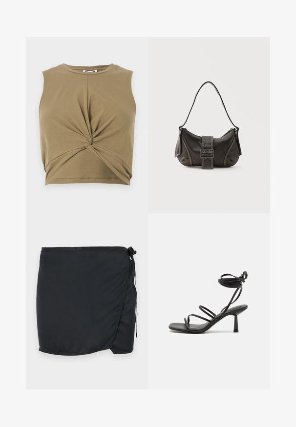 Khaki bezrukávový crop top vyrobený z jemnej tkaniny, s prekrúteným predným dizajnom a výstrihom v tvare okrúhliaka pre priliehavý siluetu.; Čierna plavecká sukňa s viazaním, vyrobená z ľahkej látky. Obsahuje bočné zapínanie a hladkú textúru.; Čierne sandále na tenkých popruhoch so štvrtovým špicom, nastaviteľnými viazaniami okolo členka a štíhlým blokovým podpätkom. Vyrobené z hladkého a odolného materiálu.; Čierna kožená kabelka cez rameno s detailom prackového popruhu, zaoblenými okrajmi a kontrastným bielym prešívaním na jednoduchom pozadí.