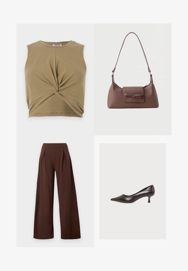 Khaki bezrukávový crop top vyrobený z jemnej tkaniny, s prekrúteným predným dizajnom a výstrihom v tvare okrúhliaka pre priliehavý siluetu.; Široké nohavice z tmavohnedej tkaniny s vysokým pásom, prednými sklady a hladkým povrchom. Vhodné na rôzne príležitosti.; Tmavohnedá kožená lodička s nízkym podpätkom typu kitten heel, špicatou špičkou a hladkým povrchom, zobrazená z profilu na obyčajnom bielom pozadí.; Hnedá kožená taška na rameno s predným vreckom na prekrytie, ktoré má prešitý detail mašle a nastaviteľný popruh.
