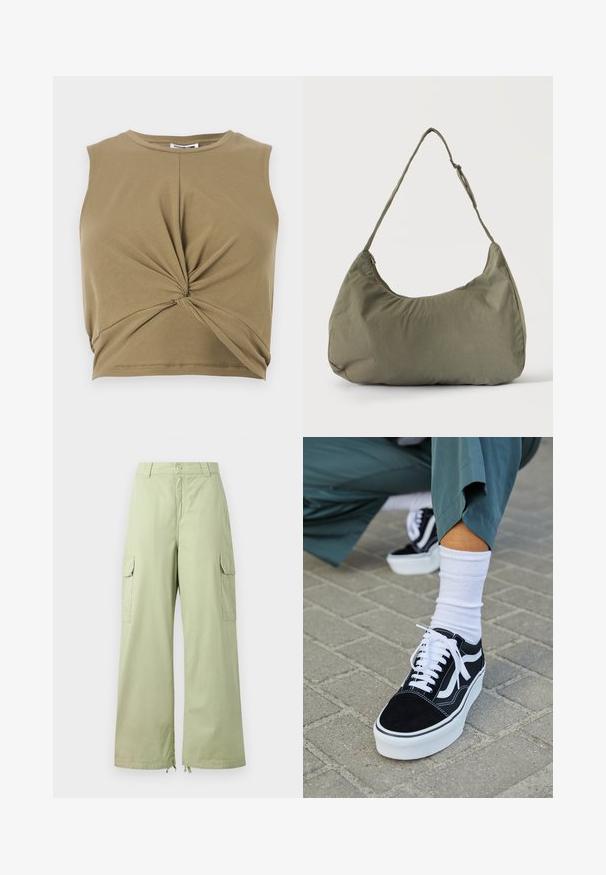 Khaki ærmeløs crop top lavet af blødt stof, med et snoet frontdesign og en rund halsudskæring for en tætsiddende silhuet.; Lysegrønne cargo bukser med brede ben, lavet af bomuld. Har to sidelommer og knaplukning. Glat tekstur og afslappet design.; Sorte ruskinds sneakers med hvide accenter og snørebånd, der har en tyk hvid sål og kontrasterende syninger, parret med en hvid sok.; Skuldertaske i blødt olivengrønt stof med lynlås og justerbar rem på ensfarvet, lyst baggrund.