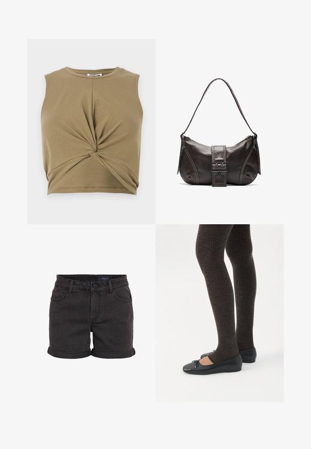Khaki värvi ilma varrukat crop top, mis on valmistatud pehmest kangast, omades keeratud esiosa kujundust ja ümarat kaelust, et saavutada kehakujuline siluett.; Mustad teksased lühikesed püksid pööratud äärtega, viie tasku disainiga ja nööbiga kinnitamine vööl. Sile tekstuur, vaba lõige.; Jalad seljas tumedad soonelises soonelises kombines mustade baleriinadega, millel on väikesed paelade detailid valgel taustal.; Pruunist nahast õlakott kumerate joontega, millel on silmapaistev pandla detail, kontrastne õmblus ja üks õlavarre rihm.