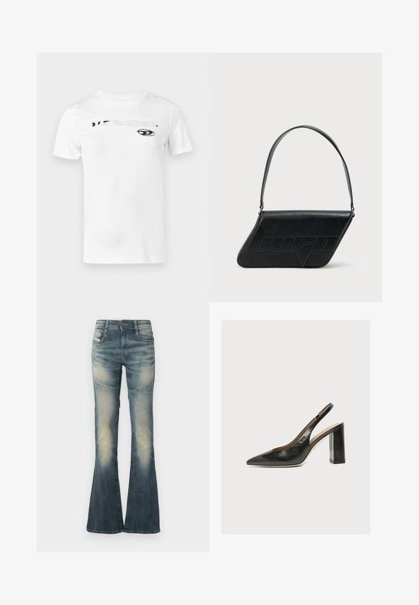 T-shirt en coton blanc avec un motif imprimé noir sur la poitrine, comprenant un dessin d'œil abstrait et un élément de texte en caractères gras. Manches courtes.; Jean en denim évasé bleu délavé avec de légères usures. Dispose d'une fermeture à bouton à l'avant, de cinq poches et d'une taille mi-haute.; Escarpin slingback en cuir noir pour femme avec bout pointu et talon bloc épais et haut sur fond blanc.; Sac d'épaule en cuir noir de forme triangulaire, avec un logo embossé et une seule bandoulière réglable. Design minimaliste avec une texture lisse.