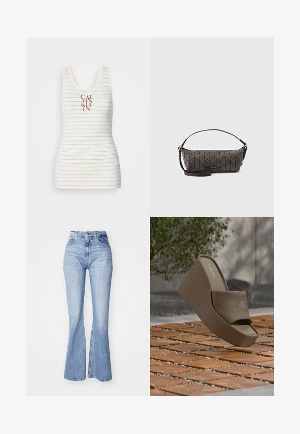 Débardeur sans manches en tissu crème avec des rayures horizontales bleues et un logo "CALVIN KLEIN" centré en marron. Texture lisse.; Jean flare bleu clair en denim, avec taille haute, design à cinq poches et légères décolorations le long des jambes.; Sandale à plateforme marron Calvin Klein avec bride en tissu et logo "ck" embossé sur un sol en carreaux de bois en extérieur.; Sac à main rectangulaire marron Calvin Klein avec motif circulaire noir en diagonale, bandoulière noire réglable et fermeture éclair sur le dessus.
