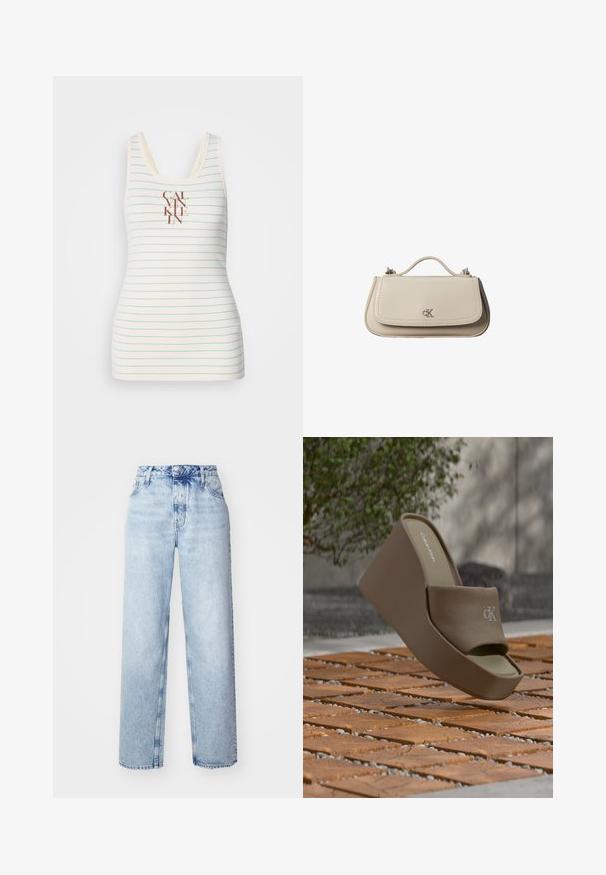 Débardeur sans manches en tissu crème avec des rayures horizontales bleues et un logo "CALVIN KLEIN" centré en marron. Texture lisse.; Jeans taille haute bleu clair avec une coupe ample, mettant en avant des jambes droites, cinq poches et une fermeture classique à boutons et zip.; Sandale à plateforme marron Calvin Klein avec bride en tissu et logo "ck" embossé sur un sol en carreaux de bois en extérieur.; Petit sac à main en cuir beige avec poignée supérieure et logo CK argenté sur le rabat avant, présenté sur fond blanc.