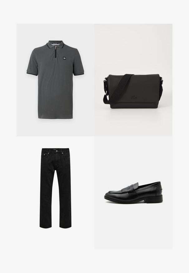 Grijze polo met een ritskraag, korte mouwen en zwarte afwerking rond de kraag en mouwen. Klein logo op de borst.; Zwarte recht pijp denim jeans met klassiek ontwerp met vijf zakken en een knoopsluiting in de taille, plat uitgestald op een witte achtergrond.; Zwarte leren herensloffen met kwastdetail, afgeronde neus, lage hak en glad gepolijst oppervlak, zij-aanzicht op een witte achtergrond.; Lacoste MESSENGER BAG MEN CLASSIC - Schoudertas - noir