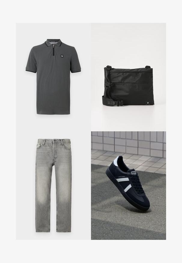 Polo gris avec un col zippé, des manches courtes et des bordures noires autour du col et des manches. Petit logo sur la poitrine.; Jean en denim gris avec une coupe décontractée, présentant un délavage, un design à cinq poches, une fermeture à bouton et une coupe droite.; Sneaker en cuir noir avec des rayures blanches, semelle en caoutchouc texturée et devant à lacets. Présente une étiquette de marque sur la languette.; Sac messager en nylon noir avec une sangle réglable, un design plat et une étiquette latérale arborant un logo. Texture lisse et style minimaliste.