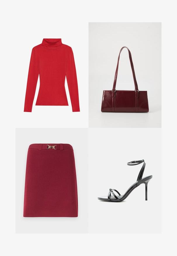 Anna Field by Zalando Μπλούζα με μακριά μανίκια - red; Μπορντό φούστα μέχρι το γόνατο με θηλιές για ζώνη και λεπτομέρεια αγκράφας σε χρυσό τόνο με σχέδιο αλογοντούρας στη μέση.; Μαύρο σανδάλι από δερματίνη με ψηλό τακούνι, λεπτά λουράκια που διασταυρώνονται πάνω από τα δάχτυλα και λουράκι με αγκράφα στον αστράγαλο σε λευκό φόντο.; Μπορντό τσάντα ώμου από γυαλιστερό υλικό, ορθογώνιο σχήμα, με δύο ιμάντες ώμου και λεπτές καμπύλες λεπτομέρειες στο μπροστινό μέρος.