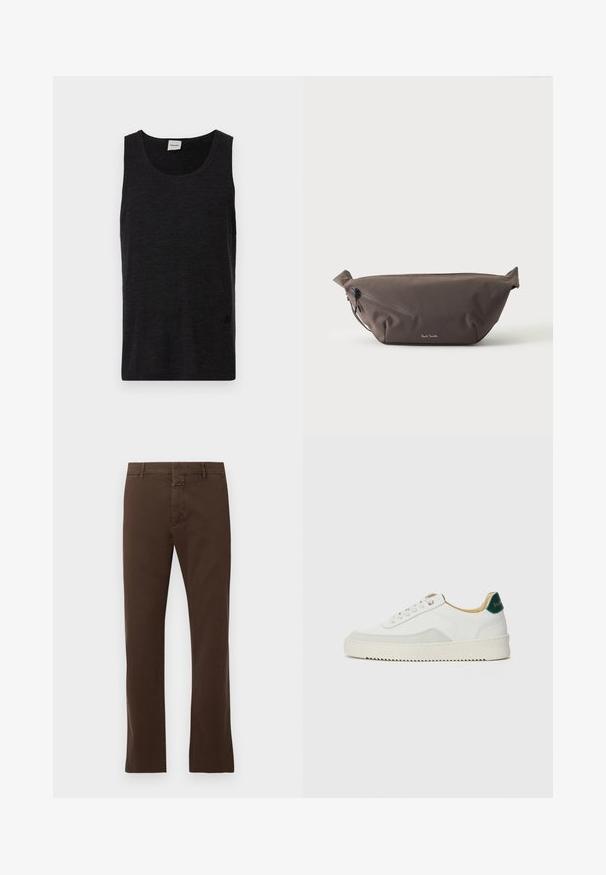 Débardeur noir sans manches en matériau texturé. Doté d'un col rond et d'un accent logo discret près de l'ourlet. Design simple.; CLOSED CLIFTON TRUE - Chino - espresso brown; Baskets blanches avec des accents en daim, bout arrondi, lacets plats et semelle en caoutchouc crème. Présente une marque verte sur le talon.; Sac banane en tissu marron foncé avec poche zippée en diagonale et petit logo blanc sur le devant, sur un fond clair uni.
