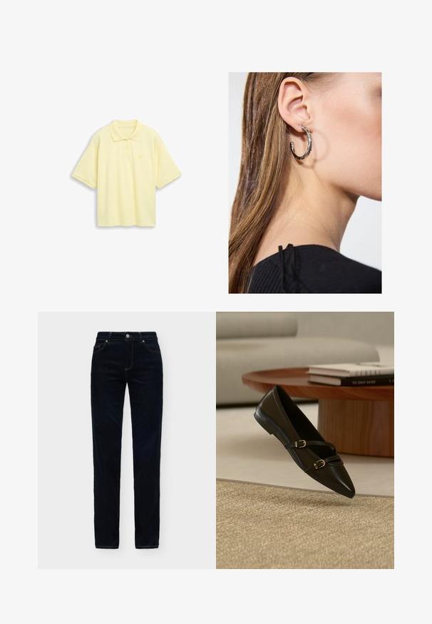 Polo à manches courtes de couleur jaune pâle avec deux boutons et un petit détail en forme de cœur sur la poitrine gauche, sur fond uni.; Jean droit en denim bleu foncé avec poches avant et fermeture par bouton sur un fond uni clair.; Chaussure plate noire à bout pointu avec deux fines brides à boucle flottant au-dessus d'un tapis beige, avec une table basse en bois et des livres en arrière-plan.; Boucle d'oreille en argent avec une finition polie, présentant de petits détails en or et de forme ronde, portée sur le lobe.