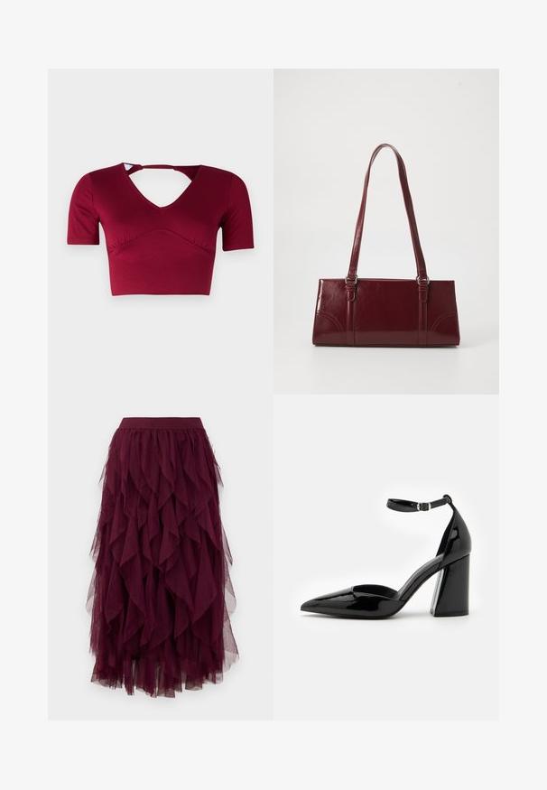 Bordeaux crop top lavet af glat stof, med korte ærmer, en V-halsudskæring og et udskæringsdetalje bagpå med en samlet frontdesign.; Mørk lilla lagdelt tule midi-nederdel med elastisk talje og kaskade af rynkede stofpaneler.; Sorte patenterede læder høje hæle med spids tå, ankelrem og bred blokhæle for stabilitet, med en glat og skinnende overflade.; Bordeaux håndtaske lavet af glansfuldt materiale, rektangulær form, med to skulderremme og subtile buede detaljer på forsiden.