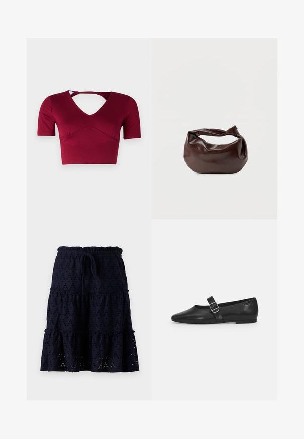 Bordeaux crop top lavet af glat stof, med korte ærmer, en V-halsudskæring og et udskæringsdetalje bagpå med en samlet frontdesign.; Marineblå nederdel med elastisk talje og snoretræk. Har øjelet mønster, tierede flæser og et tekstureret stof.; Sorte læder flade sko med rund tå, et enkelt justerbart spænde og en glat, blank overflade. Minimalistisk design med en lav hæl.; Mørkebrun læder skuldertaske med en blød, afslappet form og et snoet knudehåndtag på en ensartet hvid baggrund.