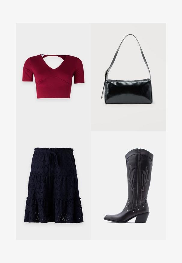 Bordeaux crop top lavet af glat stof, med korte ærmer, en V-halsudskæring og et udskæringsdetalje bagpå med en samlet frontdesign.; Marineblå nederdel med elastisk talje og snoretræk. Har øjelet mønster, tierede flæser og et tekstureret stof.; Sorte cowboystøvler i læder med spids tå, synlige sømme, sølvfarvede nitte-detaljer og lynlås på den indvendige side.; Sort rektangulær skuldertaske med en enkelt justerbar rem og lynlås i toppen på en ensfarvet baggrund.