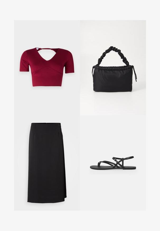 Bordeaux crop top lavet af glat stof, med korte ærmer, en V-halsudskæring og et udskæringsdetalje bagpå med en samlet frontdesign.; Sort, knælang nederdel lavet af struktureret stof, med lynlås lukning og subtile plisseringer i taljen for form.; Sort flad sandal med tynde stropper, tåloop og justerbar spænnelukning ved anklen på en ensartet lysegrå baggrund.; Sort taske lavet af blødt, glat stof. Har et sammensnoet håndtag og en snørrelukning, med en rektangulær form og ingen synlig hardware.