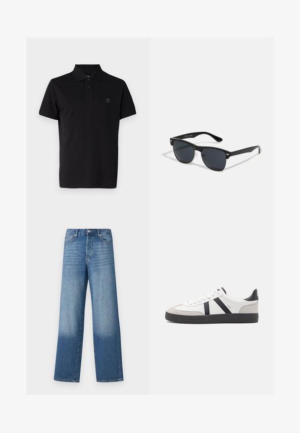 Sort polo shirt med en foldet krave, to knapper ved halsen og et broderet logo på venstre side af brystet. Korte ærmer.; Blå højtaljede strækte jeans med falmede områder på lårerne og mørkere skygger nær kanten, synlig frontknap og lommer.; Hvide sneakers med sorte og grå detaljer, med en tekstureret grå tåhætte, sort gummisål og flade hvide snørebånd. Rent design, minimalistisk stil.; Sorte solbriller med rektangulær form, mørke linser, sølvdetaljer ved tindingerne og en mat finish på stellet.
