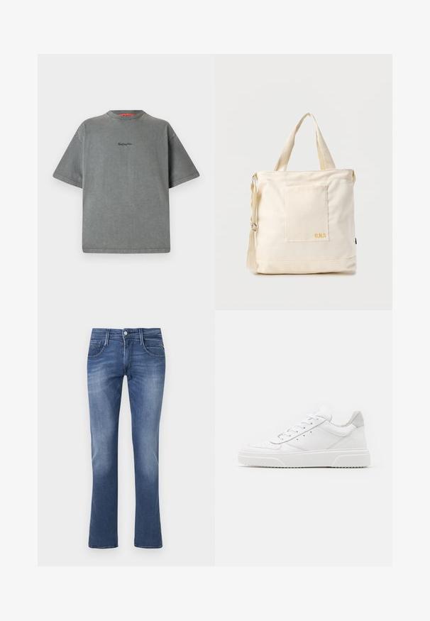 Replay Inc. T-Shirt basic - stoned grey; Blaue Jeans im Slim-Fit-Stil mit Frontknopf, Reißverschluss sowie Vorder- und Hintertaschen auf weißem Hintergrund.; Weiße Leder-Sneaker mit glatter Oberfläche, rundem Zehenbereich, flachen Schnürsenkeln und strukturiertem Schuhsohlen. Graues Wildleder-Detail an der Ferse.; Beige Canvas-Shopper mit Fronttasche, zwei Griffen, verstellbarem Schulterriemen und kleinem gelbem "O.N.S"-Text unten rechts auf der Tasche.