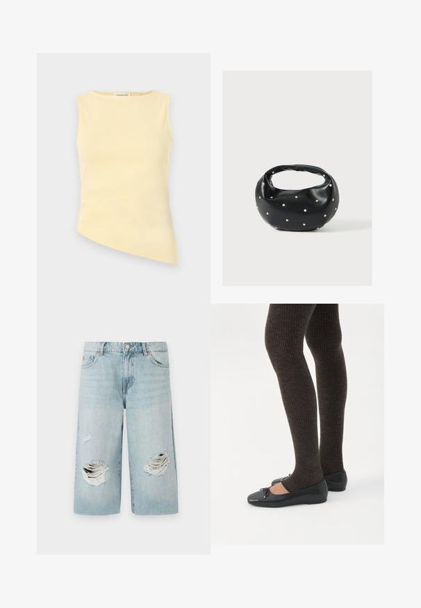 Haut sans manches jaune pâle à ourlet asymétrique, avec encolure ronde et tissu lisse, vue de face.; Shorts en denim bleu clair à coupe ample, présentant deux grandes déchirures sur le devant. Cinq poches et fermoir en métal visible.; Jambes portant des leggings côtelés foncés associés à des ballerines noires avec de petits détails en nœud sur fond blanc.; Sac à main en cuir noir de forme arrondie, décoré de clous argentés et équipé d'une poignée courte. Texture lisse et fermeture éclair.