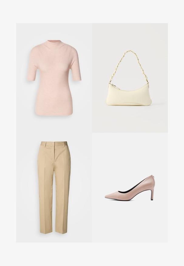 Lyserød kortærmet top med høj hals, der har et tekstureret ribbet mønster på en neutral baggrund.; Beige bukser med lige ben, bæltestropper, forreste pres, og skjult lukning, vist mod en lys baggrund.; Beige spids-tå højhælet sko med en slank stilet-hæl på en ensfarvet hvid baggrund.; Lille cremefarvet taske med en kurvet form og fletet guldfarvet kæde som håndtag, lynlås lukning på toppen