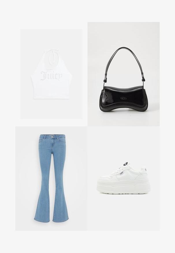Witte haltertop gemaakt van zachte stof, met rhinestone tekst "Juicy" op de voorkant. Te strikken bij de nek voor een verstelbare pasvorm.; Lichtblauwe uitlopende jeans van denim, met een standaard tailleband, vijf zakken en een gladde textuur zonder zichtbare patronen.; Witte platform sneakers met een glad synthetisch buitenkant, ronde neus, gewatteerde kraag en textuurzool. Bevat een contrasterend logo label.; Zwarte laarzen van patentleer met een gebogen vorm, een enkele handgreep en een ronde bodem. Beschikt over een subtiele logodetail aan de voorkant.