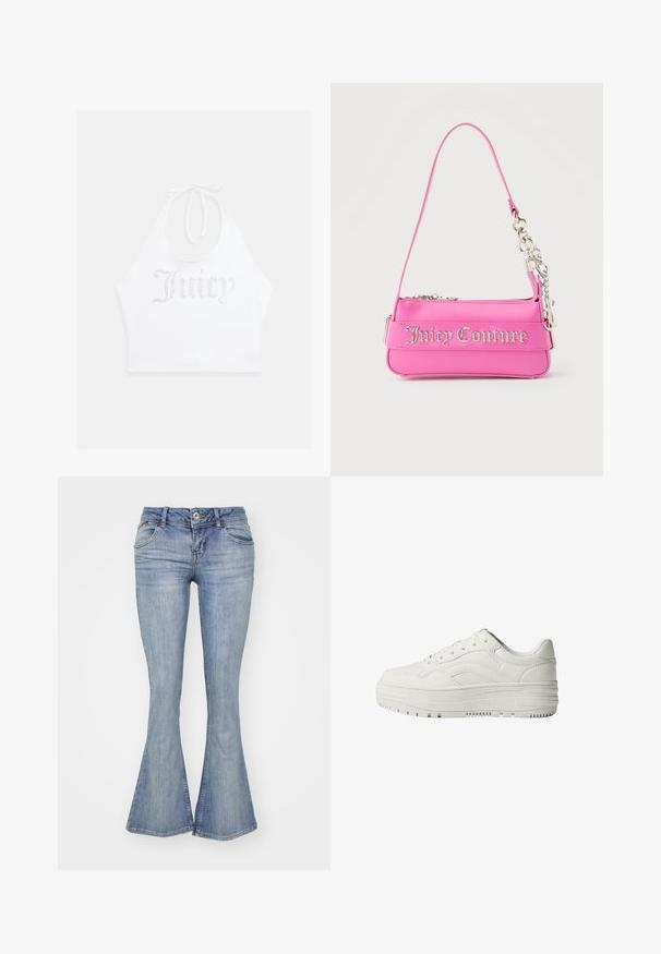 Witte haltertop gemaakt van zachte stof, met rhinestone tekst "Juicy" op de voorkant. Te strikken bij de nek voor een verstelbare pasvorm.; BDG Urban Outfitters BROOKE - Relaxed fit jeans - light vintage; Witte platformsneaker met veters aan de voorkant, dikke zool en gebogen stikseldetails aan de zijkant, gezien vanaf de buitenkant.; Kleine felroze Juicy Couture-handtas met zilveren kettingdetail en logotekst aan de voorkant, enkele smalle schouderband.