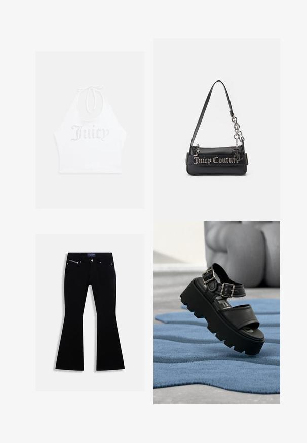 Witte haltertop gemaakt van zachte stof, met rhinestone tekst "Juicy" op de voorkant. Te strikken bij de nek voor een verstelbare pasvorm.; Zwarte flared jeans met vijf zakken, zilveren knoop en klinknagels, en een Juicy Couture-label op de tailleband en het muntzakje.; Zwarte chunky platform sandaal met twee zilveren gespen op een blauw gestructureerd tapijt, op de achtergrond een wazige grijze sculptuur.; Zwarte handtas van gestructureerd synthetisch materiaal. Voorzien van een kettingband en het zilveren "Juicy Couture" logo prominent op de voorkant weergegeven.