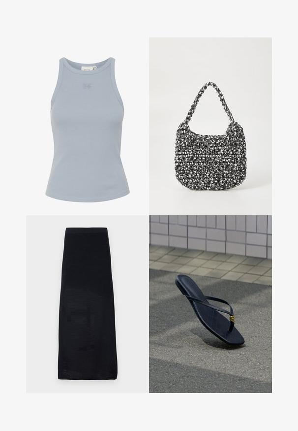 Hea sinine ilma varrukateta ribakujuline tank top, millel on ümmargune dekoltee ja väike logo tikand keskel. Sile tekstuur, tihe siluett.; Mustvalge midi seelik, mis on valmistatud tekstureeritud võrgumaterjalist, painduva vöökohaga ja sirge lõikega, ühtlase värviga ja ilma mustriteta.; Mustast nahast varbavahe sandaal kuldse dekoratiivse pandlaga, millel on tekstuuriga kattega põrandal, plaaditud seina lähedal õues.; Mustri kott musta ja valgega, ümar kuju, tekstureeritud pind ja punutud käepide. Sobib igapäevaseks kasutamiseks.