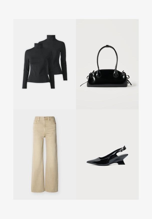 Deux chemises noires à manches longues et col roulé présentées sur un fond gris clair uni.; Jean beige taille haute, jambe large, avec bouton et fermeture éclair à l'avant, poches avant et arrière, et passants pour ceinture sur fond blanc.; Chaussure slingback en cuir verni noir avec bout pointu et petit talon bloc incliné sur fond clair uni.; Petit sac à main noir brillant avec deux longues anses et des détails à cordon sur les côtés sur un fond clair uni.