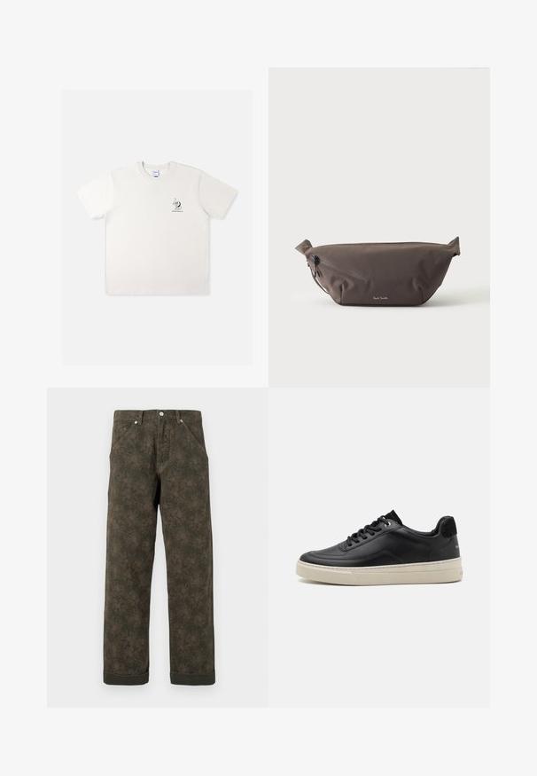 T-shirt en coton blanc à manches courtes, avec un petit motif graphique noir sur la poitrine gauche et un col rond.; Pantalons vert foncé avec un imprimé floral subtil, boutons à l'avant, poches et ourlets retroussés.; Baskets en cuir noir à profil bas, avec une semelle en caoutchouc couleur crème, bout rond et design à lacets, rehaussées d'un talon en daim noir.; Sac banane en tissu marron foncé avec poche zippée en diagonale et petit logo blanc sur le devant, sur un fond clair uni.