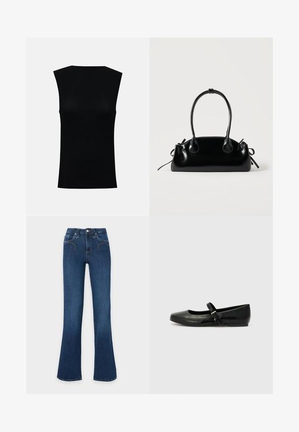 Haut noir ajusté sans manches avec encolure ronde, présenté sur un fond uni gris clair.; Jean en denim bleu foncé à taille haute, bouton et fermeture éclair devant, jambes évasées.; Ballerines en cuir noir avec un bout arrondi, une semelle plate et une fine sangle ajustable sur le cou-de-pied avec une boucle en métal.; Petit sac à main noir brillant avec deux longues anses et des détails à cordon sur les côtés sur un fond clair uni.