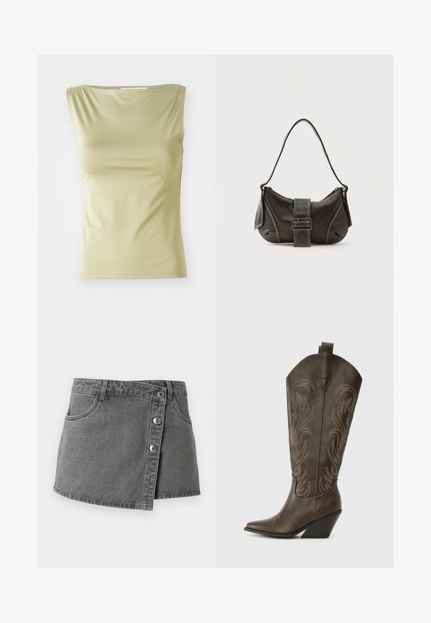 Hellgrünes ärmelloses Top aus glattem Stoff, mit rundem Ausschnitt und schmaler Silhouette, versehen mit dezenten Seitennähten.; Grauer Jeans-Minirock mit vorderer Knopfverschluss, Gürtelschlaufen und Vordertaschen, vor weißem Hintergrund gezeigt.; Braune Leder-Cowboystiefel mit einer spitzen Zehe, Wedge-Absatz und dekorativer Stickerei. Besitzt einen hohen Schaft und eine Zuglasche.; Schwarze Leder-Schultertasche mit Schnallengurt-Detail, abgerundeten Kanten und kontrastierenden weißen Nähten auf schlichtem Hintergrund.