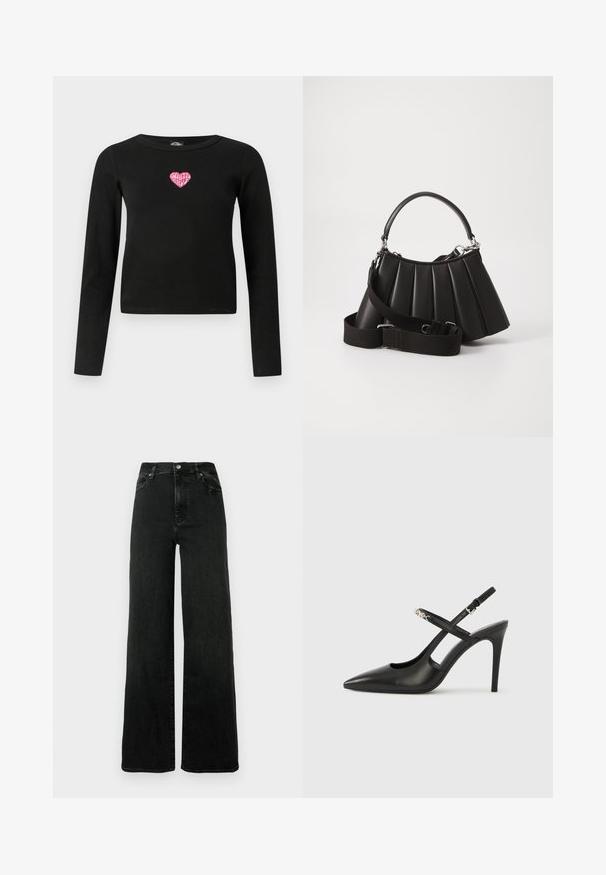Zwarte lange mouwen top met een aansluitend ontwerp. Het heeft een roze hart borduursel met de tekst "Santa Cruz" in het midden van de voorkant.; Zwarte wijde jeans gemaakt van denim. Hoge taille met knoopsluiting en ontwerp met vijf zakken. Glad oppervlak met minimale verbleking.; Zwarte leren slingback pumps met hoge hak, puntige neus, opengewerkt ontwerp en verstelbare band met metalen beslag.; Zwarte geplooide handtas met een ronde handgreep, verstelbare schouderriem en glanzende textuur. Heeft zilveren hardware en een gestructureerde silhoutte.