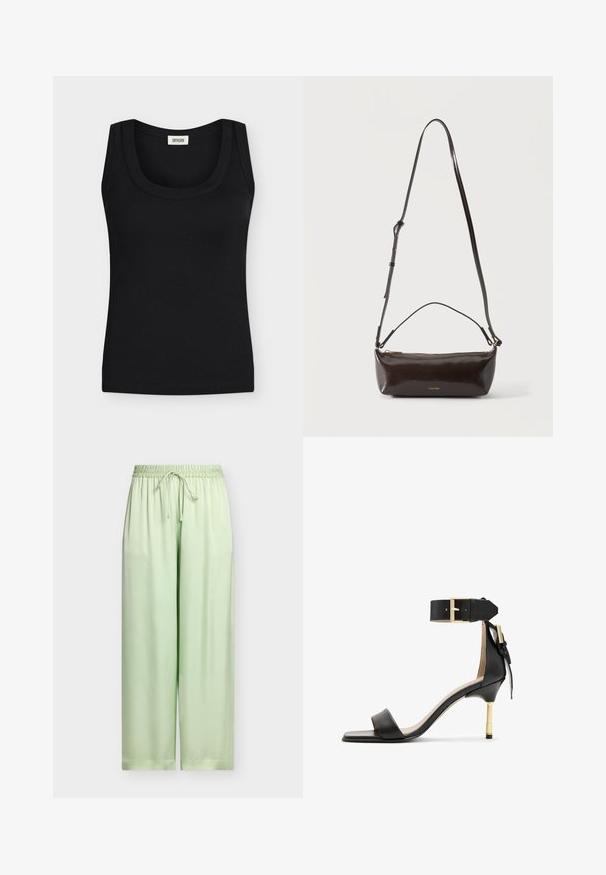 Débardeur noir côtelé sans manches avec larges bretelles et encolure ronde, étiquette de marque visible à l'intérieur du col.; Pantalon large vert clair avec taille élastique et cordon ajustable, en tissu lisse, présenté sur fond uni.; Sandale à talon en cuir noir avec un bout carré, une bride de cheville dotée d'une boucle en or et un talon métallique fin. Texture lisse, design minimaliste.; Petit sac à bandoulière en cuir marron foncé brillant avec bandoulière réglable, poignée supérieure et fermeture éclair dorée.