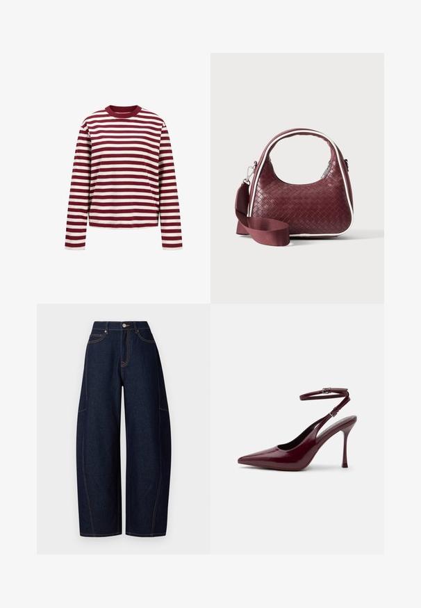 JJXX JXSOPHIA BOXY - Topper langermet - Purple; Bredde bukser i mørkeblå denim med kontrastfarget oransje søm, fem lommer og en knapp- og glidelåslukking i midjen.; Glossy burgunderfarget høyhælte sko med spiss tupp, anklerem og spenne, slank stilettosåle, sidevisning på ensfarget bakgrunn.; Vinrød vevd skinnhåndveske med buet håndtak, hvit kant, sølvglidelås og avtakbar bredt stoff skulderrem mot ensfarget bakgrunn.