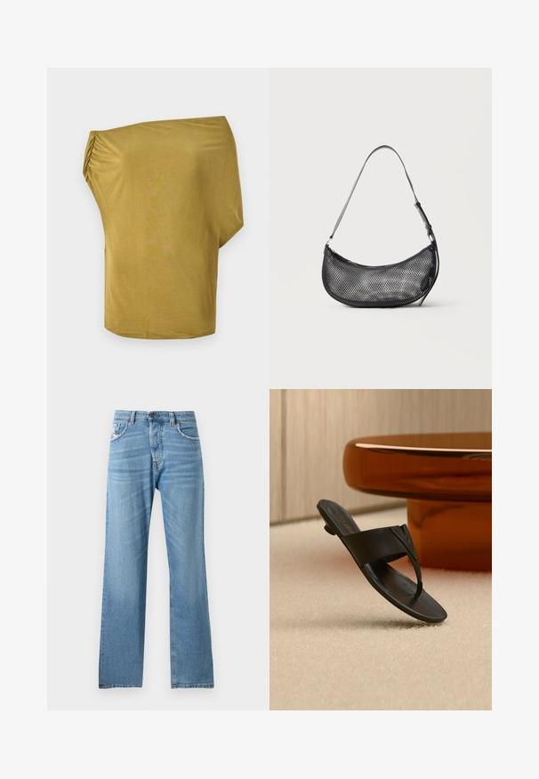 Haut ample, décolleté tombant sur les épaules en jaune moutarde, fait de tissu doux avec des détails froncés sur un côté, texture lisse et ourlet arrondi.; Jeans en denim bleu clair avec une coupe droite, dotés d'une taille standard, de cinq poches et d'un léger dégradé sur le tissu.; Sandale en cuir noir avec talon bas flottant au-dessus d'un tapis beige près d'une table ronde marron dans un cadre intérieur minimaliste.; Petit sac d'épaule noir en mesh en forme de croissant avec une lanière fine réglable, sur un fond clair uni.