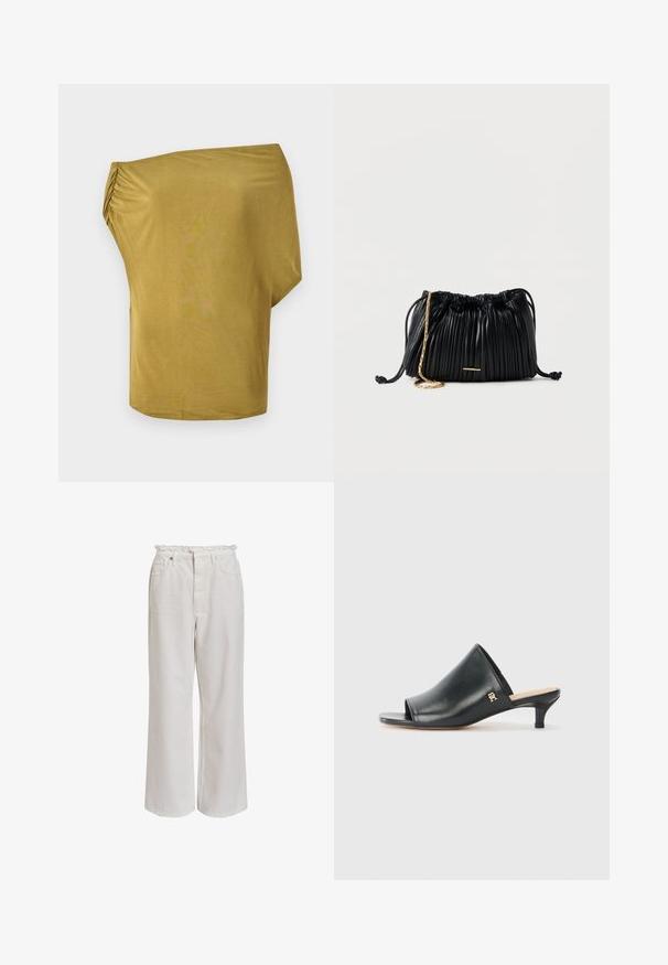 Luchtig, off-the-shoulder top in mosterdgeel, gemaakt van zacht materiaal met geplooide details aan de zijkant, gladde textuur en een gebogen zoom.; Witte wijde broek met een gerimpelde tailleband, voorzakken en een gladde, zachte textuur. Gemaakt van lichtgewicht katoen.; Zwarte leren open teen muiltjes met een lage hak. Heeft een glad oppervlak en een gouden logo accent aan de zijkant.; Zwarte plissé leren handtas met trekkoord, gouden kettingriem en een klein horizontaal gouden accent aan de voorkant.