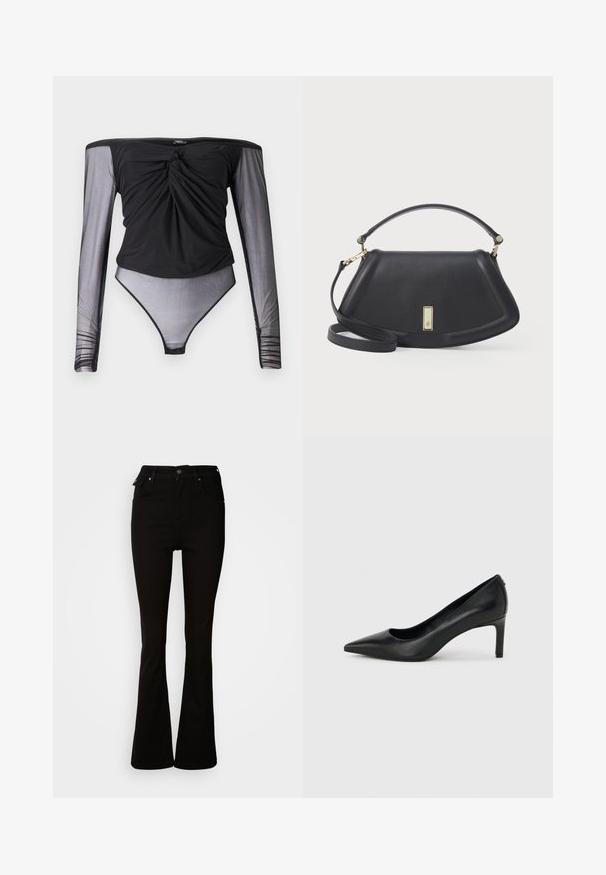 Schwarzer Bodysuit mit langen, durchsichtigen Mesh-Ärmeln, verdrehtem Vorderteil und figurbetonter Silhouette. Glatter Stoff mit transparentem unteren Bereich.; Schwarze, aus Denim gefertigte Schlagjeans mit hoher Taille, vorderen Taschen und einem klassischen Fünf-Taschen-Design mit Metallakzenten.; Schwarzer, spitz zulaufender High-Heel-Pumps aus Leder mit einem schlanken, mittelhohen Absatz auf einem schlichten hellgrauen Hintergrund.; Schwarze Lederhandtasche mit einer strukturierten Form, ausgestattet mit einem kurzen Griff und einem abnehmbaren Tragegurt, mit einem Verschlussdetail in Goldoptik akzentuiert.