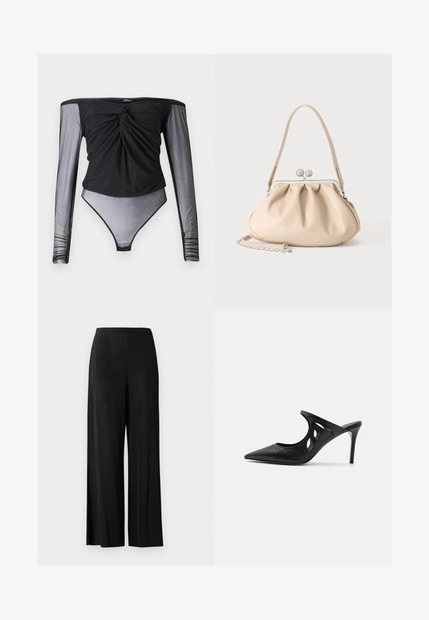 Sort bodysuit med lange, gennemsigtige mesh ærmer, snoet frontdetalje og en tætsiddende silhuet. Glat stof med en semitransparent bund.; Sorte, brede bukser lavet af glat stof, med en høj talje og uden synlige lommer eller hardware. Gulvlængde design.; Sorte læder højhælede mules med spids tå, udskåret sideskærm og glat tekstur. Stiletthæl og subtil syning.; Beige blød læderhåndtaske med en sølv metalramme-lukning, enkelt skulderstrop og en valgfri kæderem på en hvid baggrund.