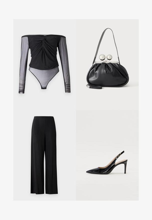 Schwarzer Bodysuit mit langen, durchsichtigen Mesh-Ärmeln, verdrehtem Vorderteil und figurbetonter Silhouette. Glatter Stoff mit transparentem unteren Bereich.; Schwarze, weit geschnittene Hosen aus glattem Stoff, mit hohem Bund und ohne sichtbare Taschen oder Beschläge. Bodenlanger Schnitt.; Schwarz lackierte Slingback-Pumps mit spitzem Zehenbereich, schlankem Absatz und einem subtilen Ausschnittdesign. Verfügt über eine goldene Schnalle am Riemen.; Schwarze Ledertasche mit gerafftem Design, einem einzelnen Riemen, silbernem Metallrahmen und zwei großen runden silbernen Verschlüssen.