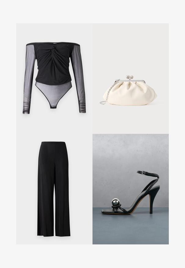 Sort bodysuit med lange, gennemsigtige mesh ærmer, snoet frontdetalje og en tætsiddende silhuet. Glat stof med en semitransparent bund.; Sorte, brede bukser lavet af glat stof, med en høj talje og uden synlige lommer eller hardware. Gulvlængde design.; Sort højhælet sandal med ankelrem og metallisk sølv dekorativ bold på træfliset overflade udendørs med sløret grønne omgivelser og væg i baggrunden.; Cremefarvet stofclutch med et rynket design, sølv metalramme, to dekorative kugler og en sølvkæde som rem.