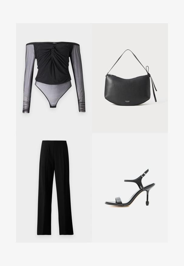 Zwart bodysuit met lange doorschijnende mesh mouwen, gedraaide voorsluiting en een aansluitende silhouet. Glad materiaal met een semi-transparante onderkant.; Zwarte wijde broeken van gladde stof, met een platte tailleband en voorplooien voor een verfijnde uitstraling. Geen zichtbare hardware of patronen.; Zwarte leren sandaal met hoge hak, dunne bandjes, open teen en verstelbare enkelgesp, weergegeven tegen een effen witte achtergrond.; Zwarte leren schoudertas met een gebogen vorm, ritsluiting en een geknoopte band. Voorzien van een subtiele logo aan de voorkant. Glad textuur.