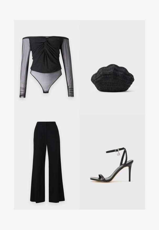 Sort bodysuit med lange, gennemsigtige mesh ærmer, snoet frontdetalje og en tætsiddende silhuet. Glat stof med en semitransparent bund.; Sorte brede bukser med høj talje, glat stof og rene linjer. Ingen synlig hardware eller mønstre.; Sort hæl-sandal med smal ankrem, firkantet tå-boks, glat lædermateriale og metalspænde som pynt.; Sort flet håndtaske formet som en muslingeskal med en buet top og flettet tekstur på en ensfarvet baggrund.