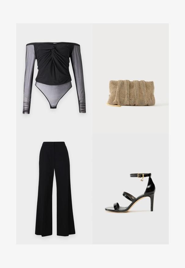 Schwarzer Bodysuit mit langen, durchsichtigen Mesh-Ärmeln, verdrehtem Vorderteil und figurbetonter Silhouette. Glatter Stoff mit transparentem unteren Bereich.; Schwarze weit geschnittene Hose mit hohem Bund, glattem Stoff und klaren Linien. Keine sichtbaren Beschläge oder Muster.; Schwarze Lackleder-Sandale mit drei Riemen, Knöchelriemen und 10 cm hohen Stiletto-Absatz. Verfügt über goldfarbene Hardware-Details und ein Logo-Charm.; Kleine goldene Mesh-Clutch mit gerafftem Design und teilweise sichtbarem goldenen Kettengurt auf einfachem weißem Hintergrund.