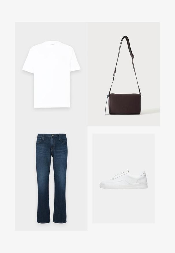 Witte katoenen t-shirt met een ronde hals, korte mouwen en een relaxte pasvorm. Gladde textuur, minimale details en geen patronen of graphics.; Donkerblauwe denim jeans met een rechte pijp, vijf zakken en een metalen knoopsluiting. Glad materiaal met subtiele vervaging.; Witte lage sneaker met vetersluiting, glad leren bovenwerk en dikke zool, gezien vanuit de zijkant tegen een effen achtergrond.; Donkerbruine gestructureerde leren crossbodytas met verstelbare riem en klein decoratief blauw accent aan de zijkant.