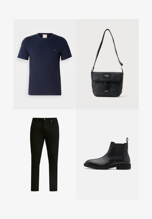 Marineblaue Baumwoll-T-Shirt mit Rundhalsausschnitt, kurzen Ärmeln und einem kleinen gestickten Logo auf der linken Brust. Glatte Textur und klassischer Schnitt.; Schwarze Jeans aus Denim mit schmaler Passform, klassischem Fünf-Taschen-Design, Metallknopfverschluss und dezenten Nähdetails.; Schwarze Leder-Chelsea-Stiefel mit elastischen Seitenteilen, runder Zehenpartie und einem niedrigen Blockabsatz. Mit einer Zuglasche hinten für einfaches Anziehen.; Schwarze Calvin Klein Schultertasche mit verstellbarem Riemen, Vorderklappe, Schnallenverschluss und sichtbarem Markenlogo-Patch.