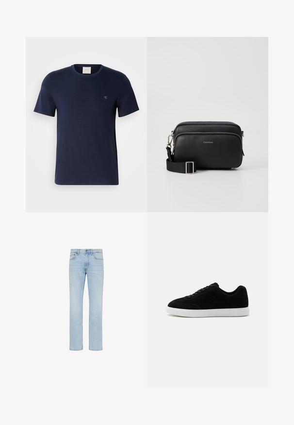Marineblaue Baumwoll-T-Shirt mit Rundhalsausschnitt, kurzen Ärmeln und einem kleinen gestickten Logo auf der linken Brust. Glatte Textur und klassischer Schnitt.; Hellblaue Straight-Leg-Jeans aus Denim mit vorderem Knopf, Reißverschluss und Fünf-Taschen-Design, gezeigt auf weißem Hintergrund.; Schwarzer Sneaker mit niedrigem Schaft und Schnürung vorne, dezentes "ck" Logo an der Seite und dicker weißer Gummisohle auf schlichtem hellem Hintergrund.; Schwarze Leder-Crossbody-Tasche mit zwei Reißverschlussfächern, strukturiertem Finish, verstellbarem Tragegurt und silbernen Hardware-Details. Calvin Klein-Logo angebracht.