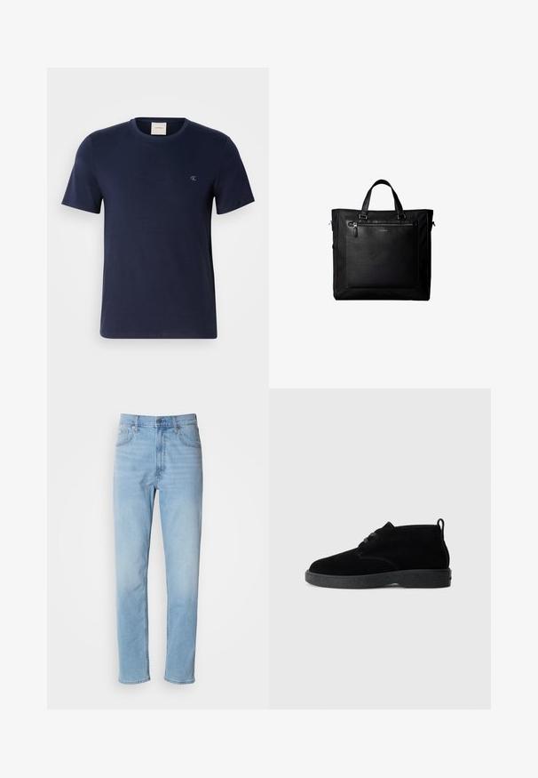 Marineblaue Baumwoll-T-Shirt mit Rundhalsausschnitt, kurzen Ärmeln und einem kleinen gestickten Logo auf der linken Brust. Glatte Textur und klassischer Schnitt.; Hellblaue Jeans mit geradem Schnitt, fünf Taschen und Gürtelschlaufen. Der Stoff hat eine glatte Textur mit einem leichten Verblassungseffekt.; Schwarze Wildleder-Stiefeletten mit runder Zehenpartie, Schnürdesign, schwarzem Gummisohle und einem Zugband an der Rückseite für einfaches An- und Ausziehen.; Schwarze Tragetasche mit Doppelgriffen, großer vorderer Ledertasche mit Reißverschluss und dezentem Calvin Klein-Logo in der Mitte der Tasche.