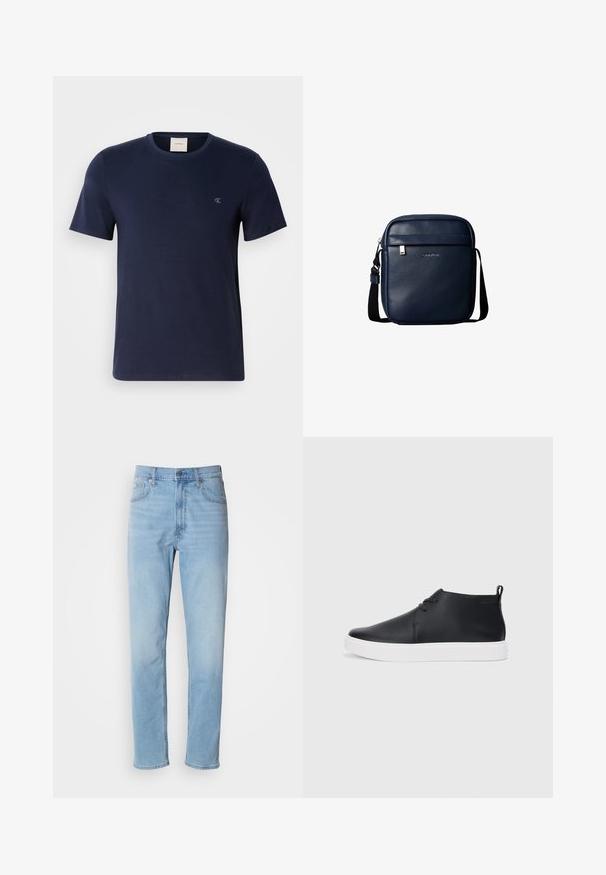Marineblauwe katoenen T-shirt met een ronde hals, korte mouwen en een klein geborduurd logo op de linkerkant van de borst. Soepele textuur en klassieke pasvorm.; Lichtblauwe denim jeans met een rechte pasvorm, vijf zakken en riemlussen. De stof heeft een gladde textuur met een lichte vervaging.; Zwarte leren high-top sneakers met een gladde afwerking, witte rubberen zool en een eenvoudig vetersluiting ontwerp. Beschikt over een trekband aan de achterkant.; Donkerblauwe leren crossbodytas met voorvak met rits en zwarte verstelbare schouderband.
