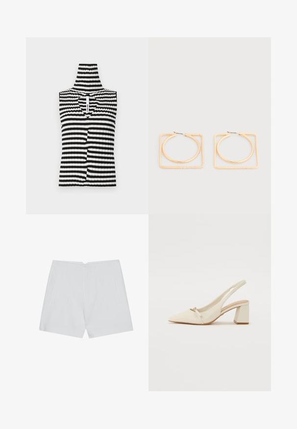 Zwart-witte gestreepte mouwloze top met hoge kraag, voorzien van een keyhole uitsnede en ribbeltextuur over de gehele stof.; Witte shorts met een op maat gemaakte uitstraling, vlakke voorkant, twee zijzakken en een nette zoom. Gemaakt van een soepel materiaal zonder zichtbare patronen.; Beige leren slingback schoen met een spitse neus, een lage blokhak en een klein strikdetail aan de voorkant. Soepele textuur en minimalistisch ontwerp.; Goudkleurige oorbellen met ronde ringen binnen grotere vierkante frames met kleine ingebedde kristallen aan de onderkant van de vierkanten.