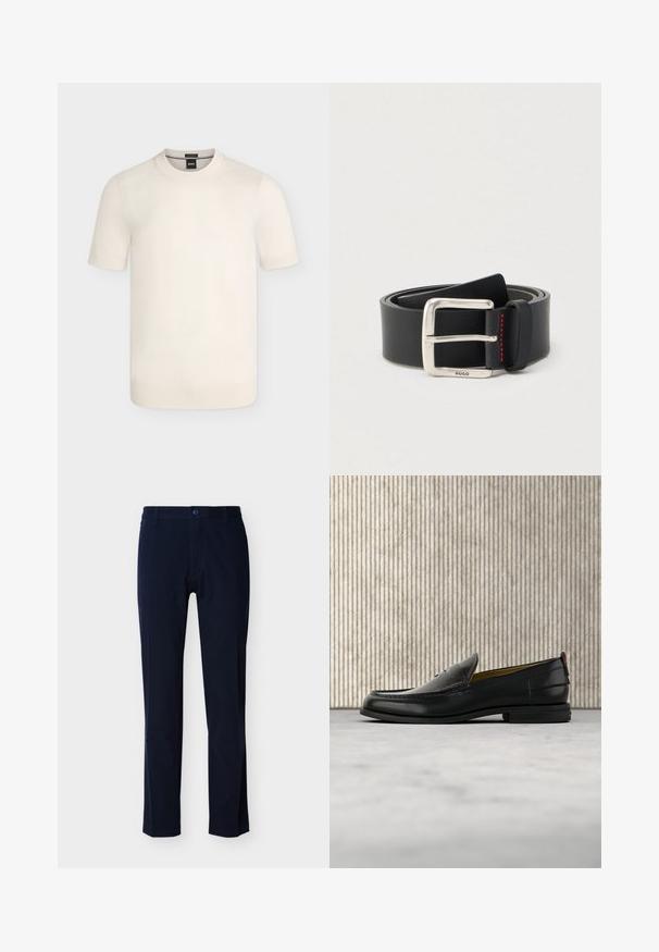 Pull en maille crème à manches courtes avec col rond et poignets et ourlet côtelés sur un fond uni.; Un pantalon en coton bleu marine présente un devant plat, des jambes droites, une braguette à glissière et une fermeture par un seul bouton. Aucun motif ou accent visible.; Mocassin pour homme en cuir noir avec un dessus embossé effet croco et un petit talon, présenté de profil sur un fond neutre.; Ceinture en cuir noir enroulée avec une boucle rectangulaire argentée ornée d'une petite gravure "HUGO" et un détail de couture rouge près de la boucle.