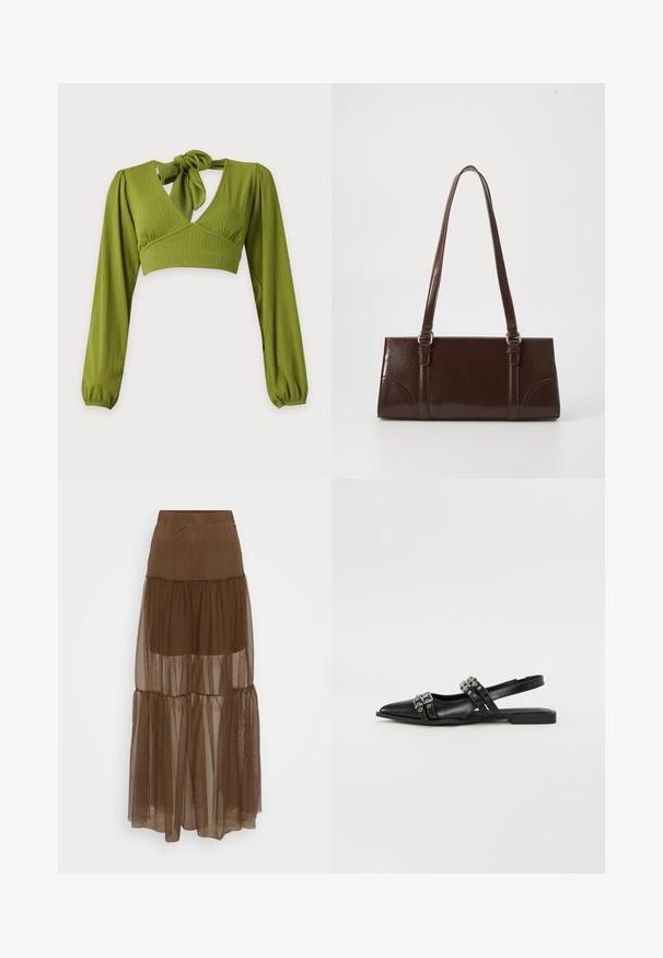Πράσινο crop top από ριμπ ύφασμα με μακριά φουσκωτά μανίκια, βαθύ V-λαιμόκοψη και δεμένο φιόγκο στο πίσω μέρος του λαιμού.; Καφέ φούστα με στρώσεις και υφασμάτινη επικάλυψη από πλέγμα και ελαστική μέση. Διαθέτει τρία στρώματα διαφανούς υφάσματος, προσφέροντας μια ρέουσα σιλουέτα.; Even&Odd by Zalando Μπαλαρίνες με λουράκι στον αστράγαλο - black; Καφέ πατεντωμένη δερμάτινη τσάντα σε ορθογώνιο σχήμα, με δύο μακριές λαβές και λεπτές καμπύλες λεπτομέρειες στο μπροστινό μέρος.